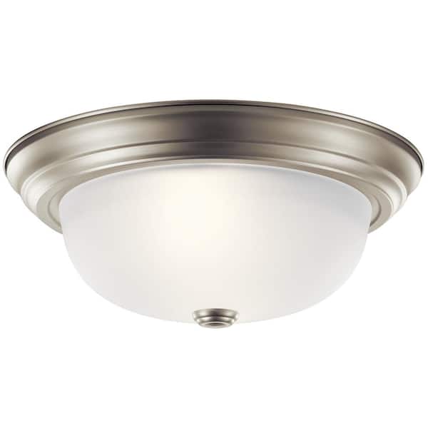 KICHLER Ceiling Space 13.25 in. 2-Light Brushed Nickel Traditional Hallway Flush Mount Ceiling Light with Stain Etched Glass
