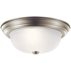 Ceiling Space 13.25 in. 2-Light Brushed Nickel Hallway Round Flush Mount Ceiling Light with Stain Etched Glass