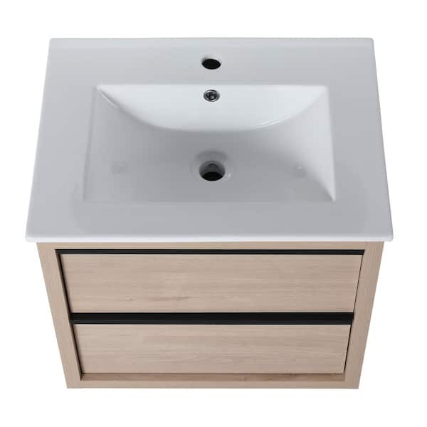 Boosicavelly 23.23 in. W x 17.91 in. D x 20.47 in. H Single Sink Wall Mounted Bath Vanity in Imitative Oak with White Ceramic Top