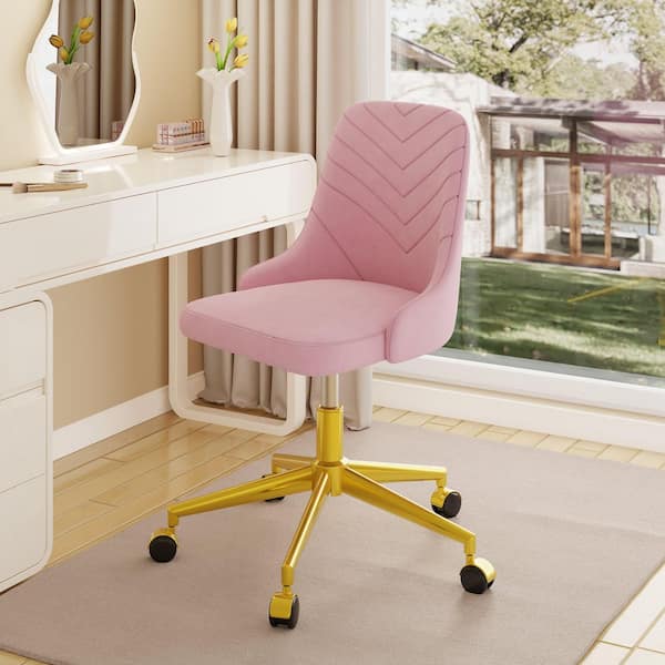 Height-Adjustable Velvet Rolling Ergonomic Office Task Chair in Pink with 360° Swivel, Desk Chair for or Makeup Armless