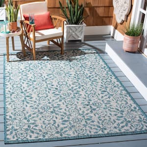 Courtyard Gray/Blue 4 ft. x 6 ft. Border Floral Geometric Indoor/Outdoor Patio  Area Rug