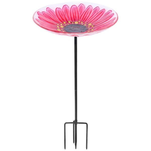 25 in. H x 11 in. Dia Pink Flower Glass Birdbath with Metal Stake