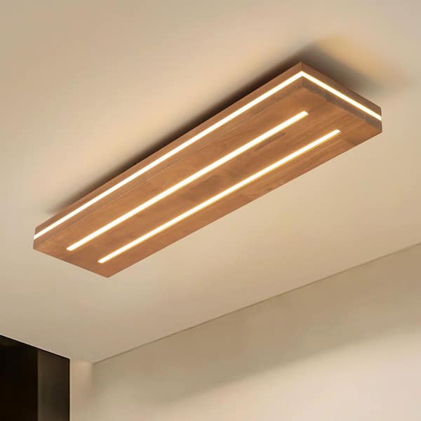 Ryan 31.5 in. Farmhouse Brown Rectangular Wood LED Flush Mount Ceiling Light