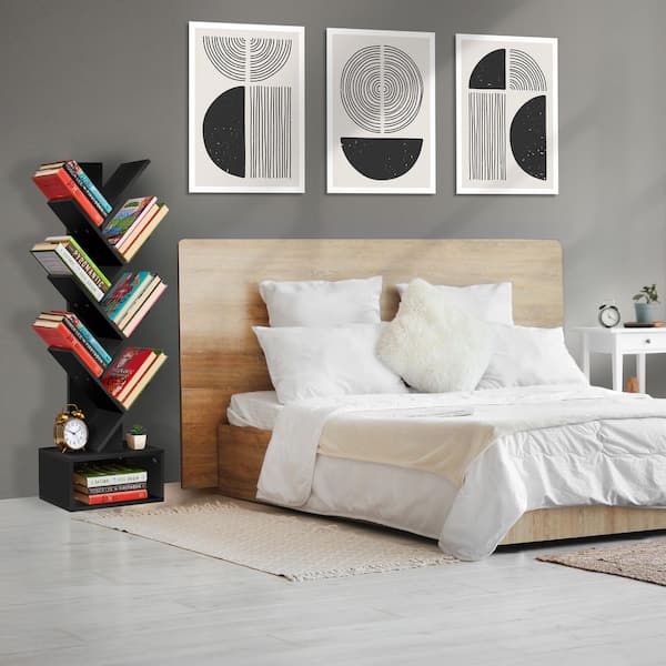 7-Tier Tree Bookshelf, 44.25 in. Tall Black Faux Wood 7-Shelf Accent Bookcase with Storage Shelf