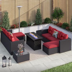Dark Brown Rattan 6 Seat 7-Piece Steel Outdoor Fire Pit Patio Set with Red Cushions and Rectangular Fire Pit Table