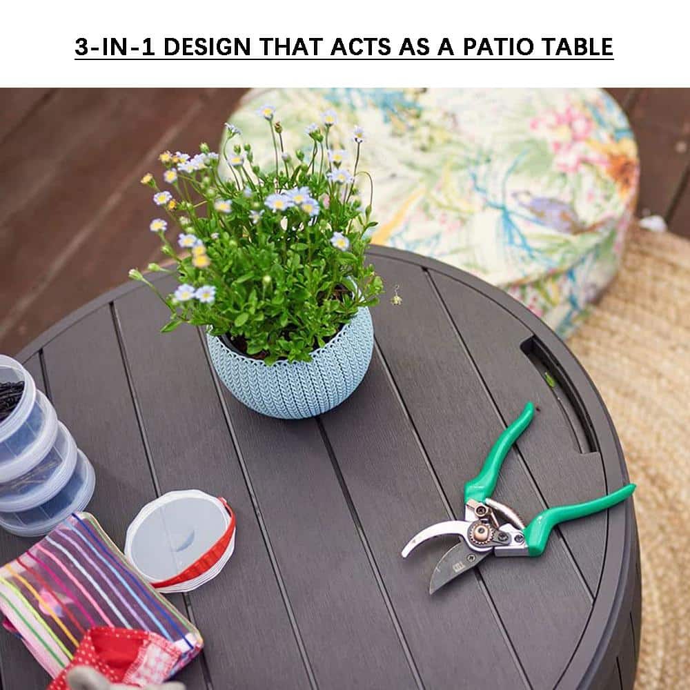 Brown Circular Resin Patio Deck Storage Box with Wood Texture