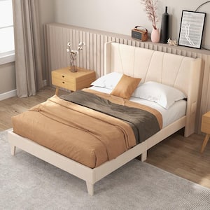 Beige Wood Frame Full Size Upholstered Platform Bed Frame with Elastic Pockets Mattress Foundation