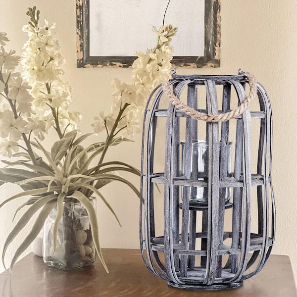 Benjara 23 in. Weathered Gray Wood Round Lantern with Braided Rope