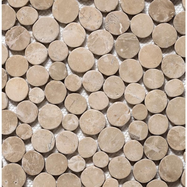 Stone Penny Rounds Tan 4 in. x 6 in. Honed Marble Mesh-Mounted Mosaic Tile Sample (0.67 sq. ft./Each)