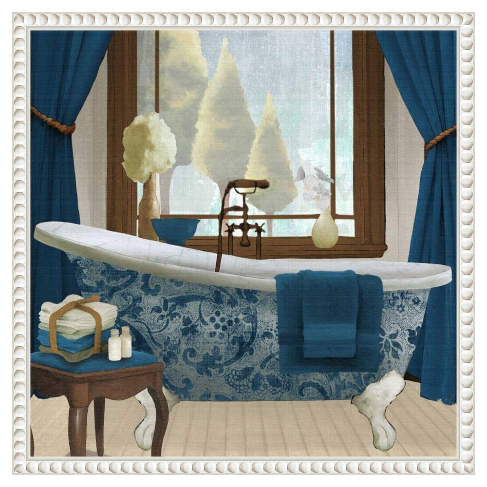Blue and White French Provincial Canvas Bath Print with Beaded Frame