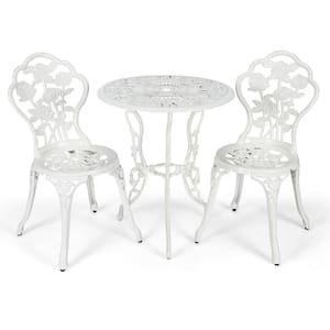3-Piece Metal Patio Bistro Furniture Set Rose Design Outdoor Bistro White