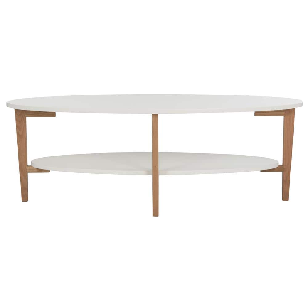 Transitional Dual-Tier Oval Coffee Table in White and Natural Wood