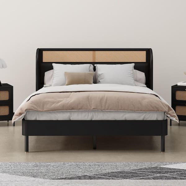 Modern Black Cannage Rattan Wood Frame Queen Size Platform Bed