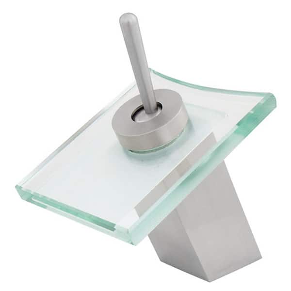 Monroe Single-Handle Waterfall Single Hole Bathroom Faucet with Clear Square Glass Disk in Brushed Nickel