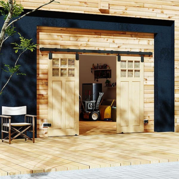 72 in. x 80 in. 6 Lite, Clear Glass, Solid Pine Wood, Light Brown Primed Exterior Sliding Barn Door with Hardware Kit