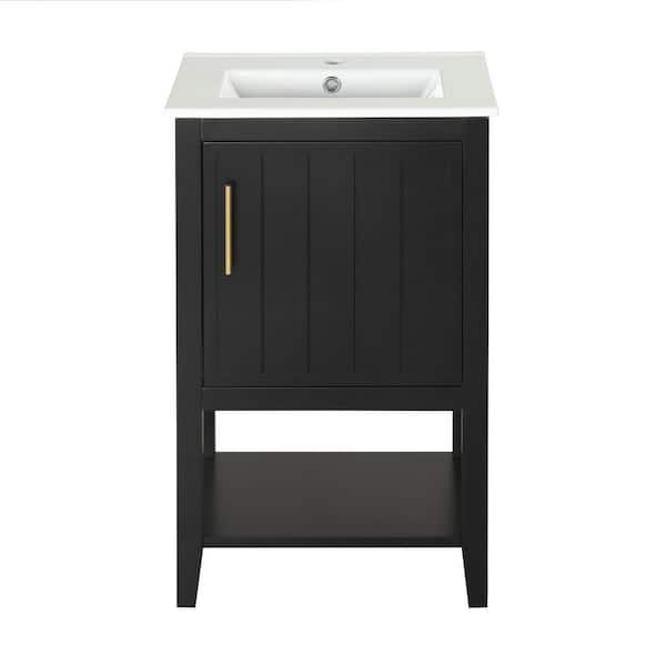 20 in. W Black Bath Vanity with White Ceramic Top, Soft Closing Door and Open Shelf