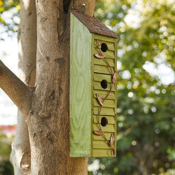 18 in. H Green Window-Blinds Distressed Solid Wood Birdhouse