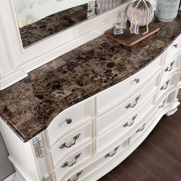 Furniture of America Wrea Traditional Marble Top 2-Piece 11-Drawer Dresser and Mirror Set - Pearl White