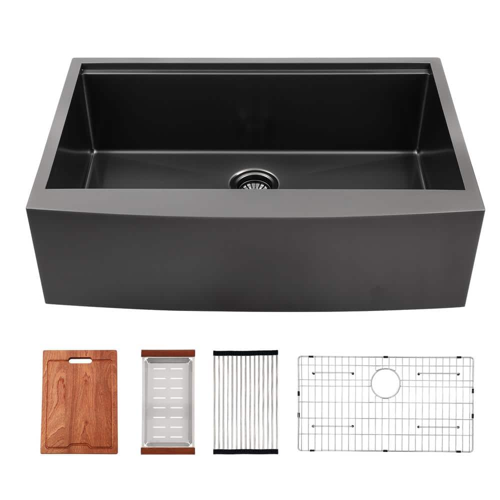 33 in. Farmhouse Apron Single Bowl 16 Gauge Gunmetal Black Stainless Steel Workstation Kitchen Sink with Bottom Grid -  Sarlai, QBDCTH3322R