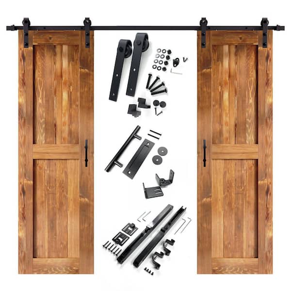 HOMACER 30 in. x 84 in. H-Frame Early American Double Pine Wood Interior Sliding Barn Door with Hardware Kit Non-Bypass