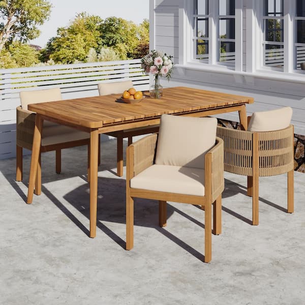 5-Piece Brown Acacia Wood Outdoor Dining Set with Beige Cushions