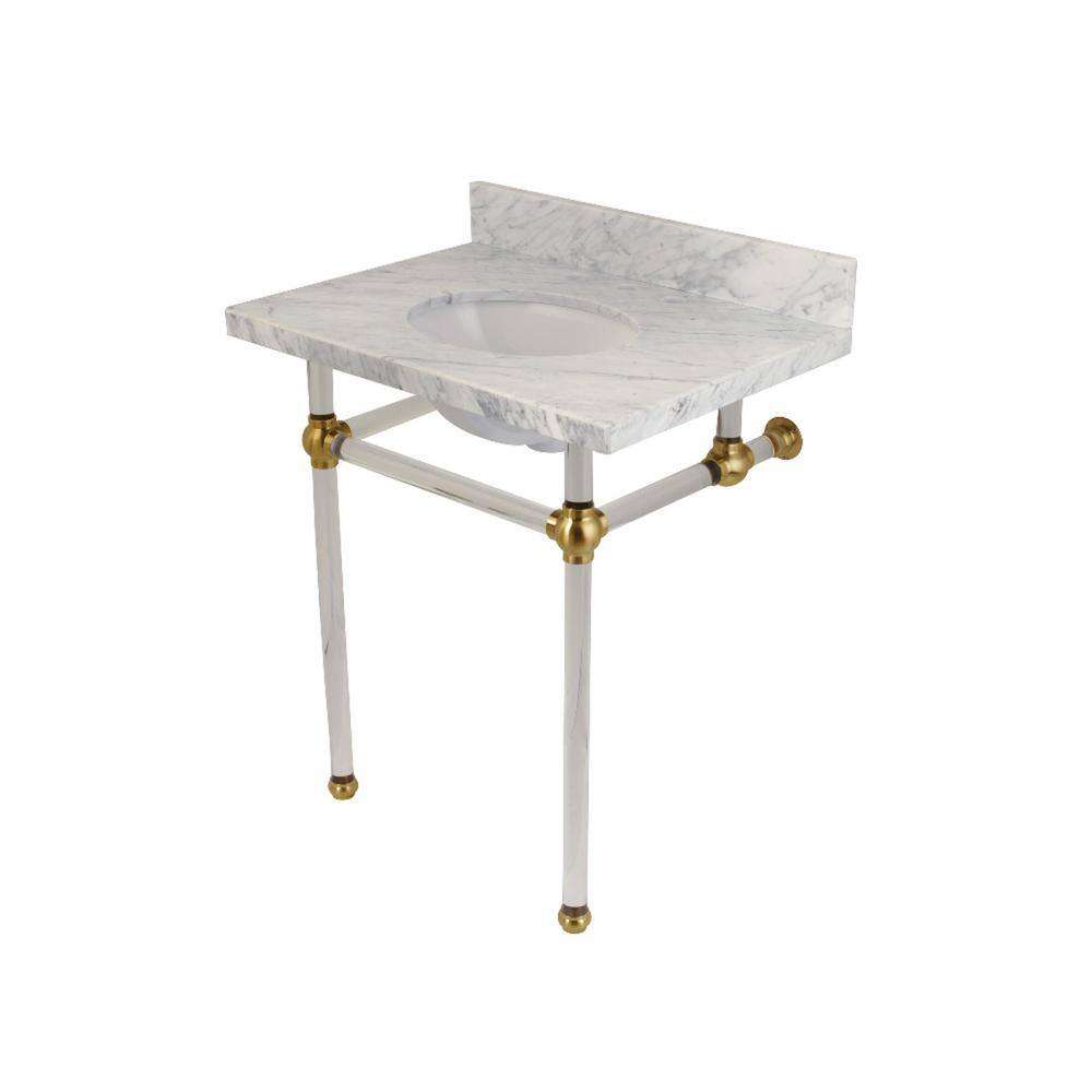 Washstand 30 in. Console Table in Carrara Marble White with Acrylic Legs in
