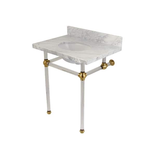 Washstand 30 in. Console Table in Carrara Marble White with Acrylic Legs in Brushed Brass