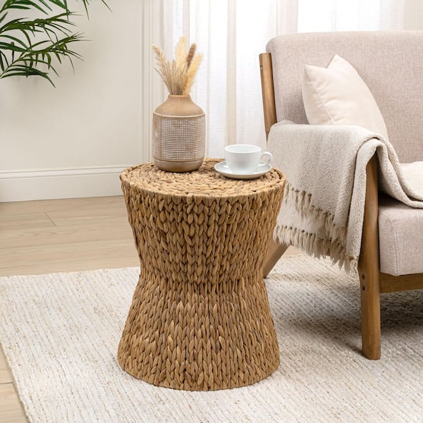 Natura 15.75 in. Coastal Bohemian Handwoven Water Hyacinth Wicker Round Hourglass End Table, Natural
