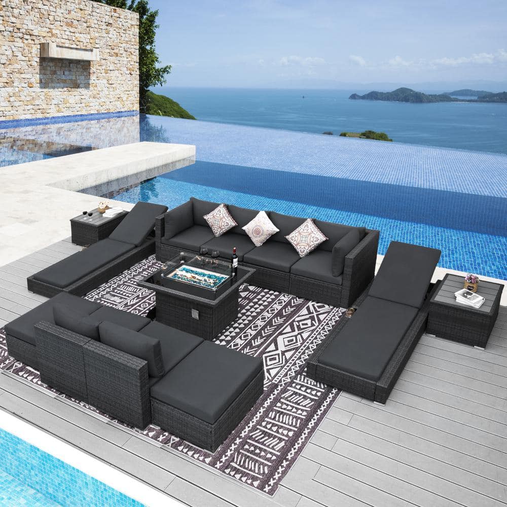 NICESOUL 13Piece Charcoal Gray PE Ratten Fire Pit Sectional Deep