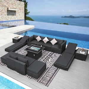 13-Piece Charcoal Gray PE Ratten Fire Pit Sectional Deep Seating Sofa Set with Chaise Lounge Gray Cushions with Ottamans