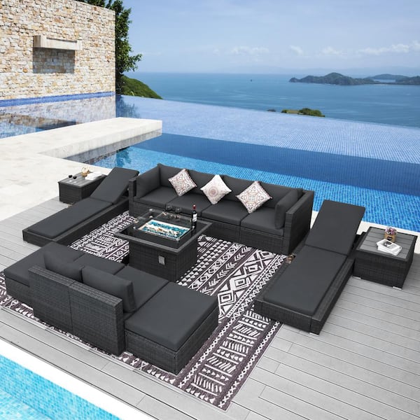 NICESOUL 13-Piece Charcoal Gray PE Ratten Fire Pit Sectional Deep Seating Sofa Set with Chaise Lounge Gray Cushions with Ottamans