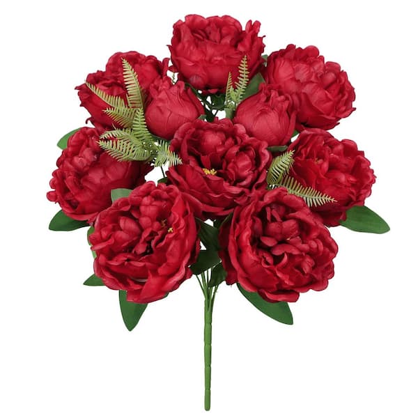 LIVING LUXURY 20 in. Red Artificial Lush Peony Flower Stem Bush Bouquet (Set of 2)
