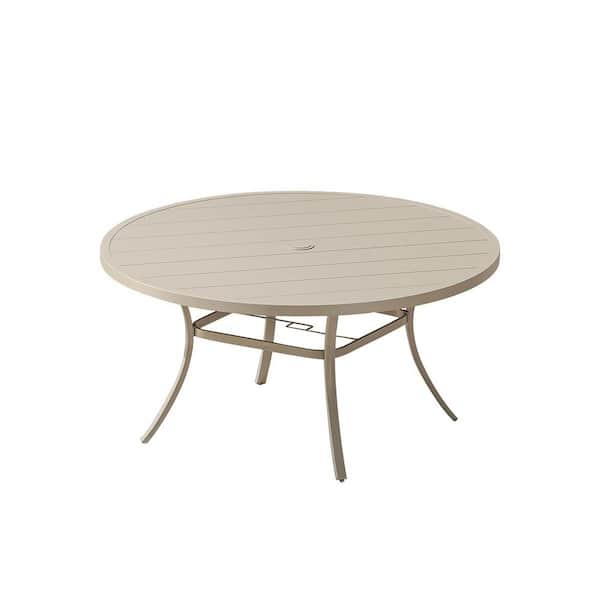 53 in. W Cream Round Metal Outdoor Dining Table with Umbrella Hole and Storage Shelf