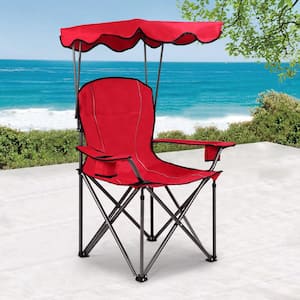Red Metal Portable Folding Beach Canopy Chair with Cup Holders