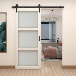36 in. x 84 in. 3-Lites Pre Assembled Frosted Glass White MDF Interior Sliding Barn Door w/ Hardware Kit and Door Handle