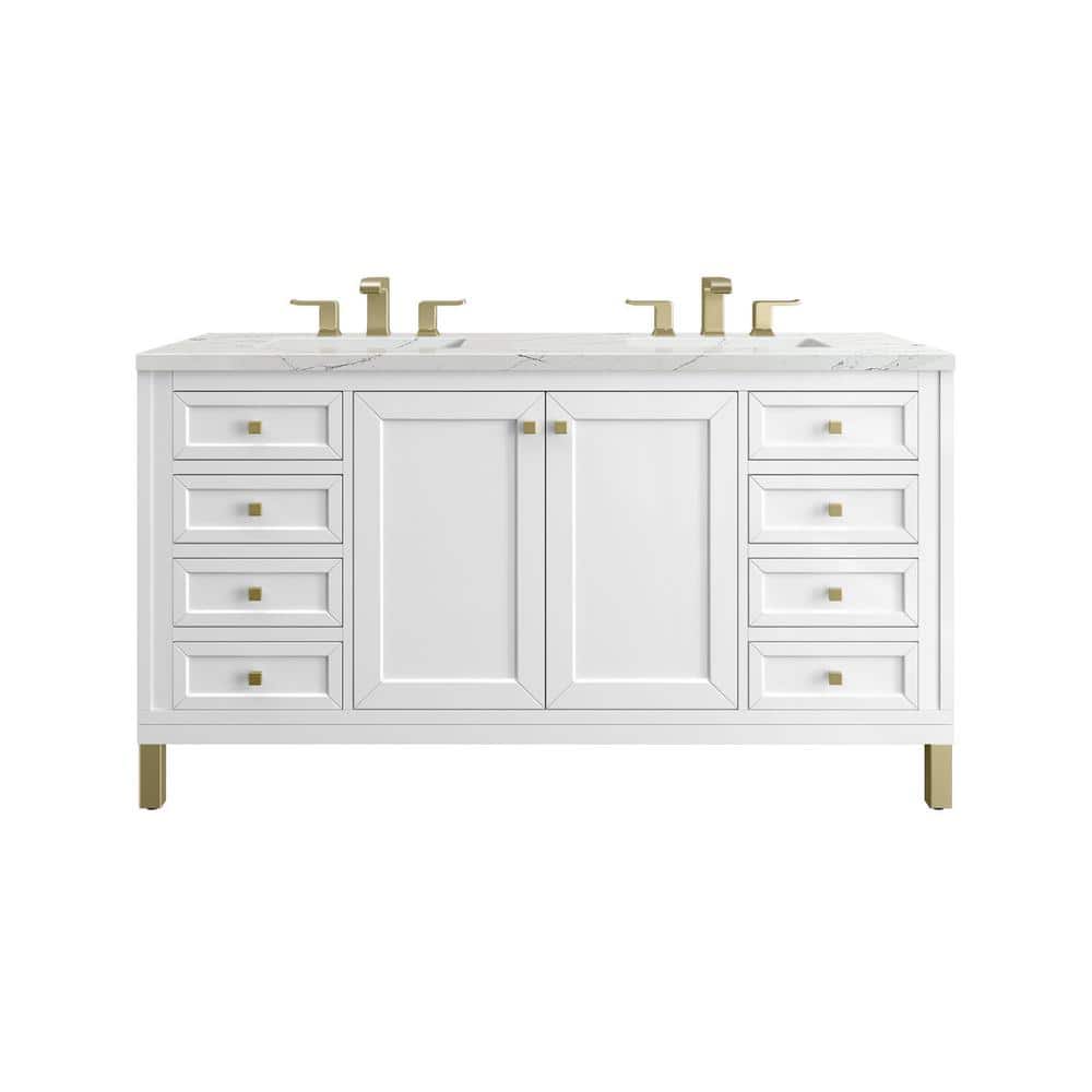 James Martin Vanities Chicago 60.0 in. W x 23.5 in. D x 34 in. H Bathroom Vanity in Glossy White with Ethereal Noctis Quartz Top -  305V60DGW3ENC