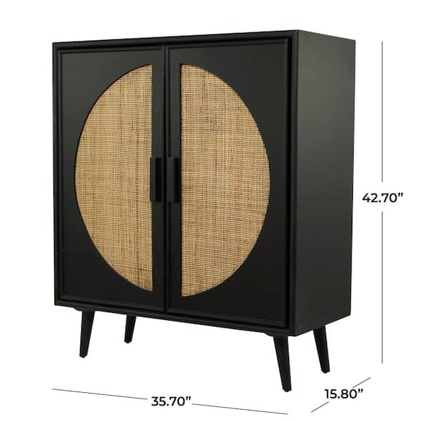 36 in. W Black Wood Geometric Cane Front 1 Shelf and 2 Doors Geometric Cabinet