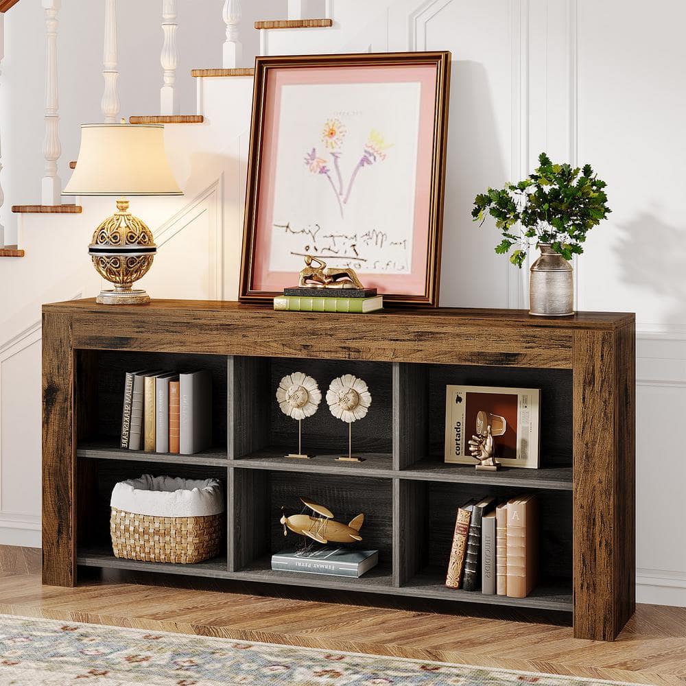 BYBLIGHT Turrella 62.99 in. Brown and Black Rectangle MDF Console Table ...