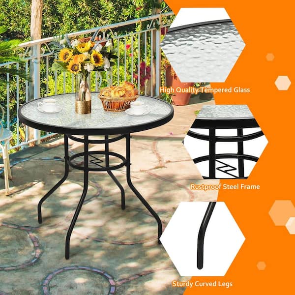 32 in. Outdoor Patio Tempered Glass Round Table and Steel Frame with Umbrella Hole