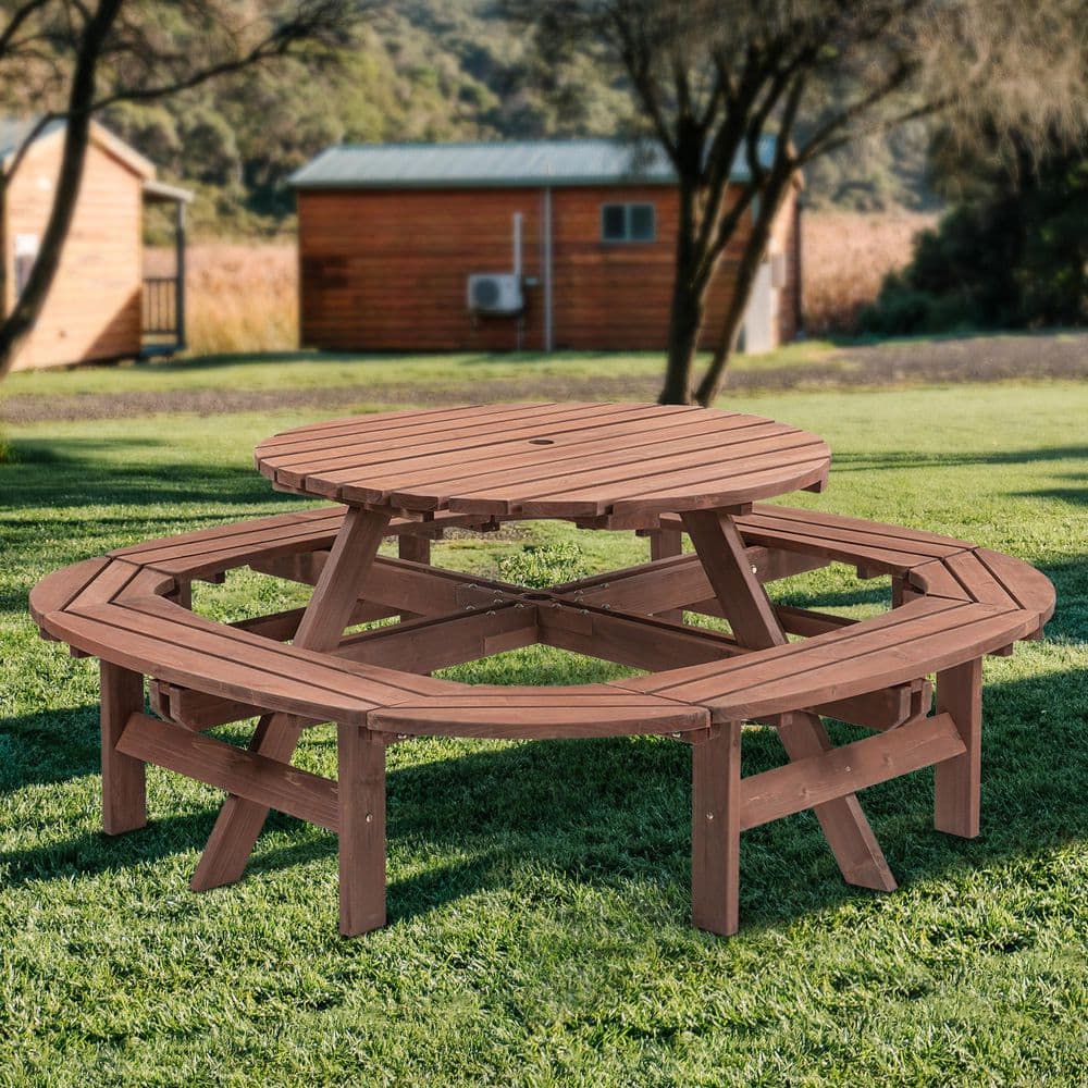 70 in. Walnut Brown Round Fir Wood Picnic Table Seats 10-12-People with Umbrella Hole price history on PriceWatchPro