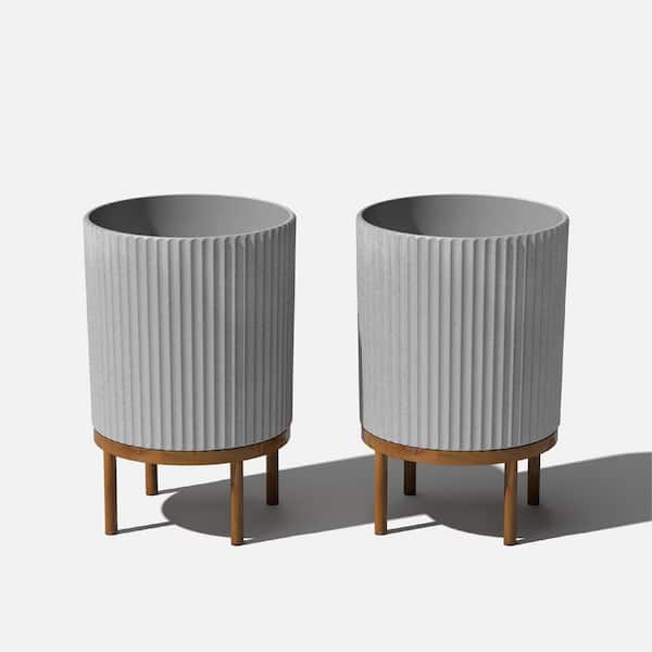 Veradek Demi 16 in. Raised with Stand Round Gray Plastic Planter with Brown Stand (2-Pack)