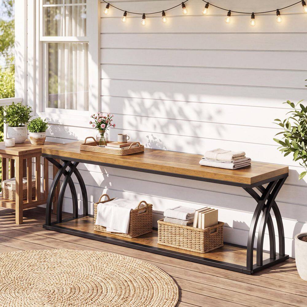 Ashford 55 in. Brown Wood Entryway Bench with Curved Metal Frame, 2-Tier Storage Bench for Hallway Bedroom Closet