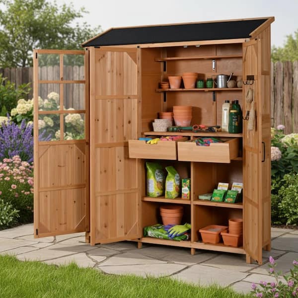 60.6 in. W x 17.6 in. D x 71.6 in. H Brown Wood Outdoor Storage Cabinet Garden Tool with Waterproof Roof