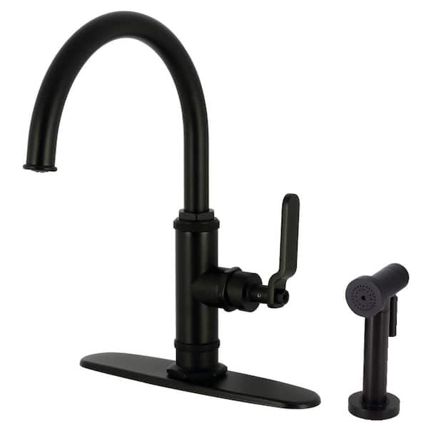 Kingston Brass Whitaker Deck Mount Single Handle Standard Kitchen Faucet with Sprayer in Matte Black