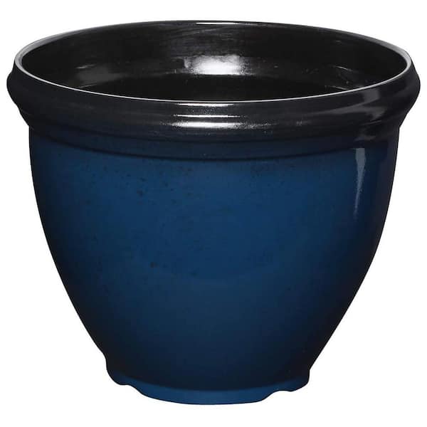 12 in. Heritage Outdoor Round Glossy Resin Planter, Monaco Blue