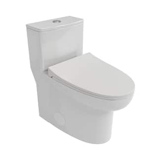 1-piece 1.6 GPF Comfort Height Dual Flush Ceramic Elongated Bathroom Toilet in White, Soft Closing Seat Included