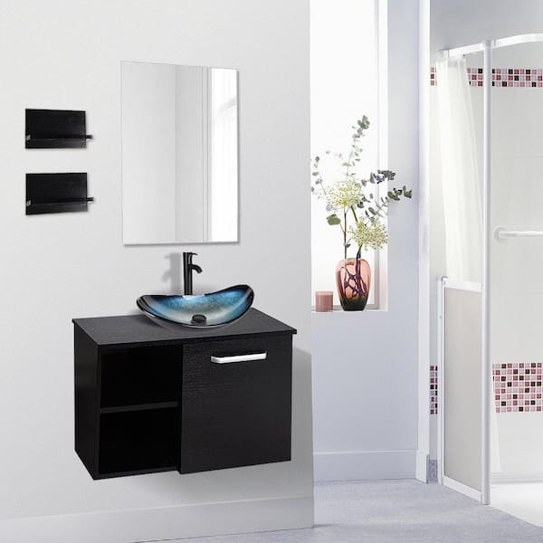 28 in. W x 19 in. D x 16 in. H Single Sink Black Bath Vanity with Blue Solid Surface Top Sink and Mirror