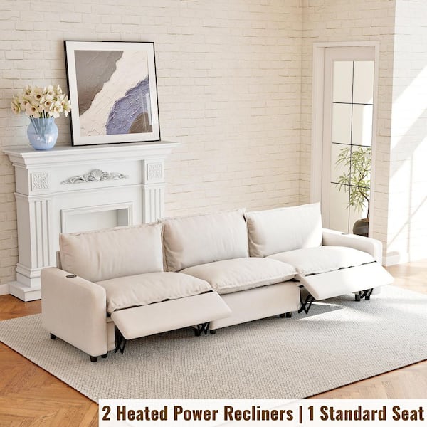 Power Recliner Couch, 116 in. Square Arm 3-Piece Linen Modular Motion Sectional Sofa with Heating, USB Ports in Beige