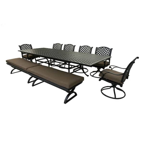 Mondawe Gladys Dark Gold 10-Piece Aluminum Rectangular 37in. H Outdoor Dining Set with CushionGuard Dupione Brown Cushion