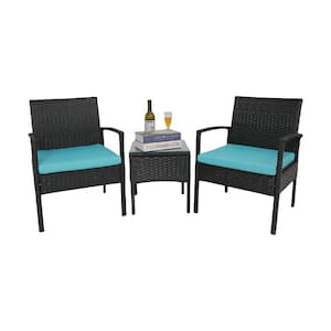 Black 3-Pieces Patio Furniture PE Rattan Outdoor Conversation Set with Table and Blue Cushions